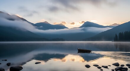 Fototapeta premium Misty Morning on a Serene Mountain Lake with Reflective Waters and Hazy Peaks at Sunrise.