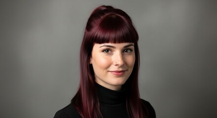 Portrait of a young woman with dark red hair.