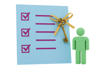 Isolated Checklist with Key and a Person Symbol on Blue Paper for Planning Management