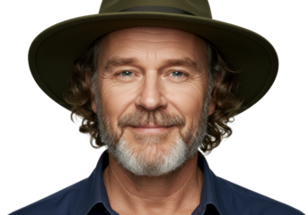 Isolated portrait of handsome mature man with beard wearing hat and blue shirt on neutral