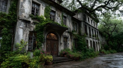 Abandoned Historic Building Overgrown with Greenery and Moss