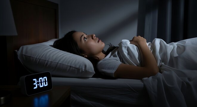 Sleepless young woman suffering from insomnia lying awake in bed at 3 AM.