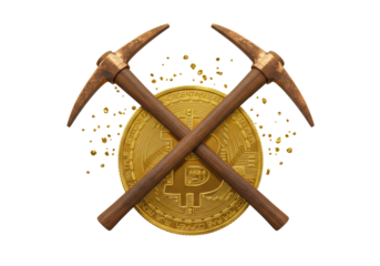 Isolated golden cryptocurrency bitcoin, mining, two rusty old pickaxes, finance, value, coin