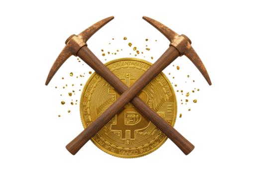 Isolated golden cryptocurrency bitcoin, mining, two rusty old pickaxes, finance, value, coin