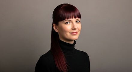 Portrait of a young woman with long dark red hair.