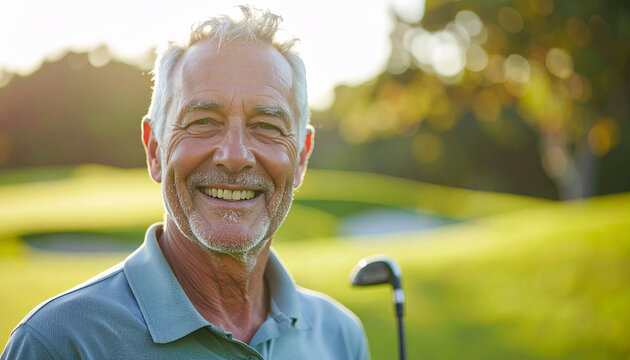 Elderly man in golf club on green field, cheerful expression, blurred golf course with.