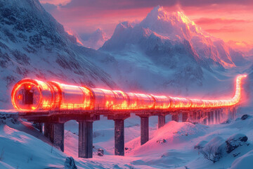 Train traveling through snowy mountain range.