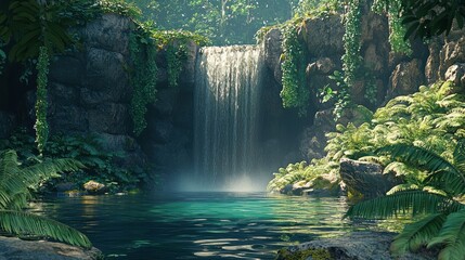Lush jungle waterfall cascading into tranquil pool.