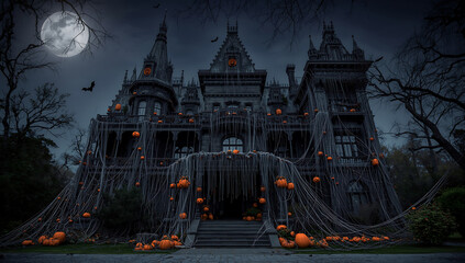 Creepy haunted castle surrounded by mist and bats in a dark Halloween scene