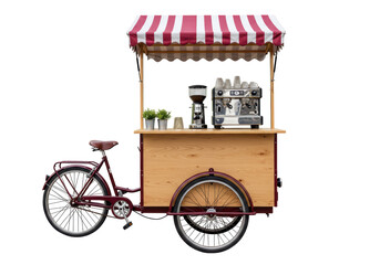Isolated red coffee tricycle with espresso maker and striped awning for market stand