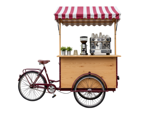 Isolated red coffee tricycle with espresso maker and striped awning for market stand