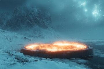 Large fire pit blazing in snowy mountain.
