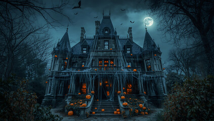Spooky gothic house with glowing jack o’ lanterns and eerie moonlight atmosphere