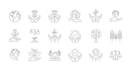 Eco Friendly Agriculture Icons Set Line Style Vector Illustration Sustainable Farming and Green Earth Concepts