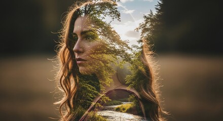 Nature's Embrace: A Woman's Portrait Merged with a Serene Landscape