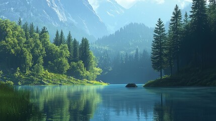 Serene mountain lake with lush green forest.
