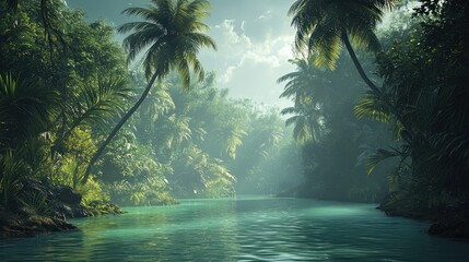 Serene tropical river flowing through lush jungle.