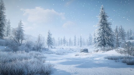 Snowy winter landscape with snow-covered pine trees and a tranquil path.
