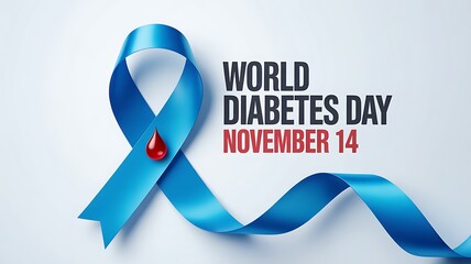World diabetes day blue ribbon with blood drop, isolated on white background