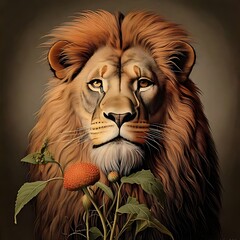 Portrait of a lion with a flower