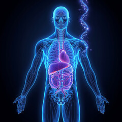 Digital blue hologram of male body with visible heart, lungs, and intestines