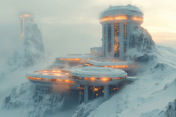 Futuristic city nestled in mountains.