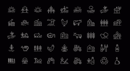 Farm Icons Set  Agriculture Livestock Crops and Rural Life Vector Illustrations