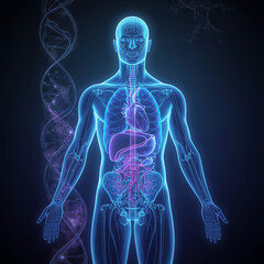 Human anatomy with transparent body highlighting organs and digestive system