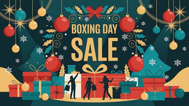 Festive boxing day sale illustration featuring christmas decorations gift boxes and silhouettes of shoppers celebrating holiday discounts