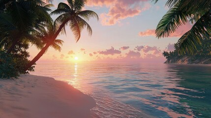 Serene sunset on a tropical beach with palm trees.