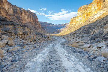 Dirt road cutting through rugged canyon terrain.