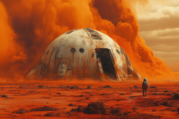 Man stands in front of large desert dome.