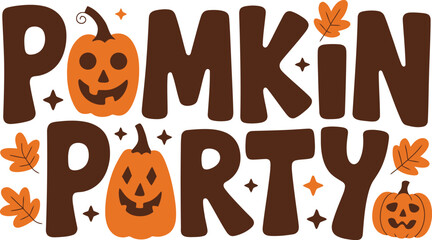 Festive "Pumpkin Party" text with decorative pumpkins and autumn leaves, perfect for Halloween celebrations.