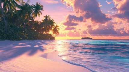 Idyllic sunset over tropical beach with palm trees. (6)
