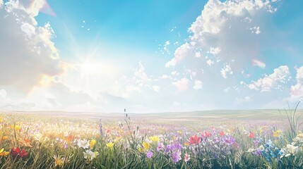 Vibrant wildflowers bloom in a sunny field under a bright blue sky with fluffy clouds.