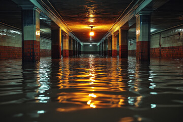 Flooded hallway in building.