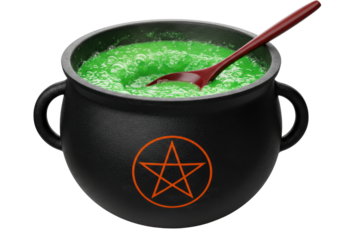 Isolated bubbling green cauldron of magical potion with wooden spoon stir, no background