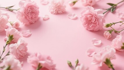 Fototapeta premium Pink roses and petals arranged on a soft pink background, forming a floral border with space for text.