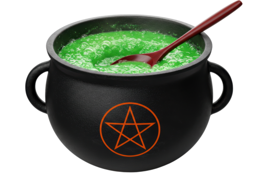 Isolated bubbling green cauldron of magical potion with wooden spoon stir, no background