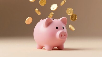 Pink piggy bank with golden coins falling into it