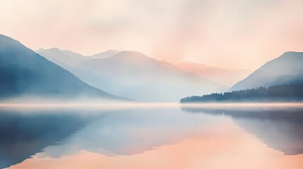 Serene sunrise over misty lake and mountains. (2)