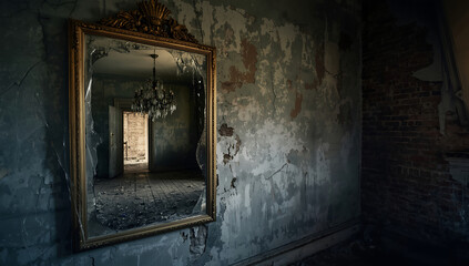 Creepy cracked mirror on a decaying wall revealing a mysterious open doorway