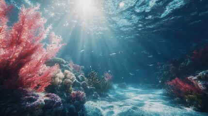 Sunbeams illuminate vibrant coral reef underwater.