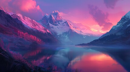 Pink sunset over snow-capped mountains reflected in a calm lake.