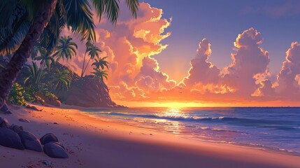Idyllic sunset over tropical beach.