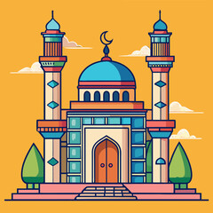 Stylized islamic mosque with crescent moon and minarets on orange background