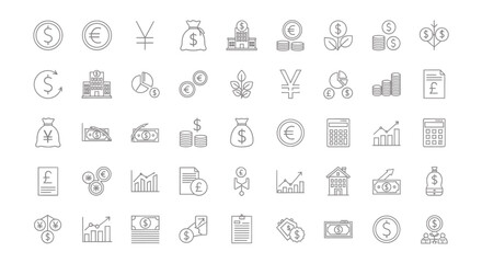 Fototapeta premium Financial Icons Set Dollar Euro Yen Currency Symbols and Business Concepts Vector Illustration