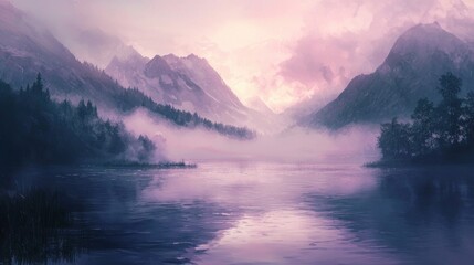 Misty mountain lake at sunrise, serene landscape. (1)