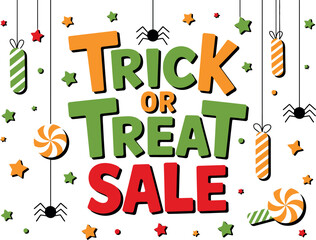 Spooky Trick or Treat Sale with festive Halloween candy and spider decorations