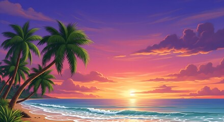 Obraz premium A breathtaking tropical beach sunset with silhouetted palm trees over the sea